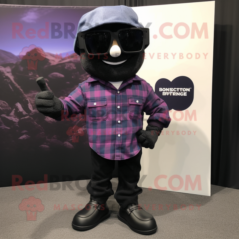 Black Grape mascot costume character dressed with a Flannel Shirt and Sunglasses