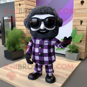 Black Grape mascot costume character dressed with a Flannel Shirt and Sunglasses