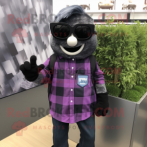 Black Grape mascot costume character dressed with a Flannel Shirt and Sunglasses