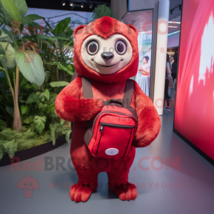 Red Sloth mascot costume character dressed with a Pleated Skirt and Backpacks