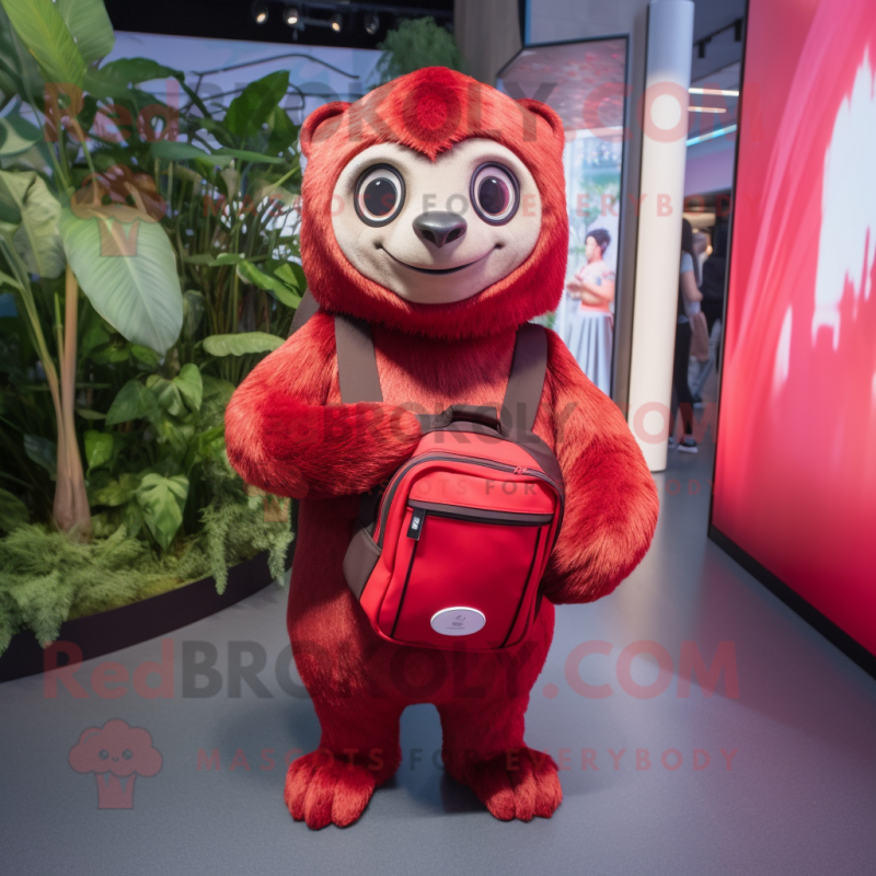 Red Sloth mascot costume character dressed with a Pleated Skirt and Backpacks Red Sloth mascot costume character dressed with a Pleated Skirt and Backpacks