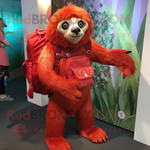 Red Sloth mascot costume character dressed with a Pleated Skirt and Backpacks