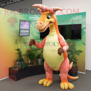 Peach Parasaurolophus mascot costume character dressed with a Bodysuit and Hair clips