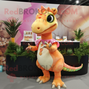 Peach Parasaurolophus mascot costume character dressed with a Bodysuit and Hair clips