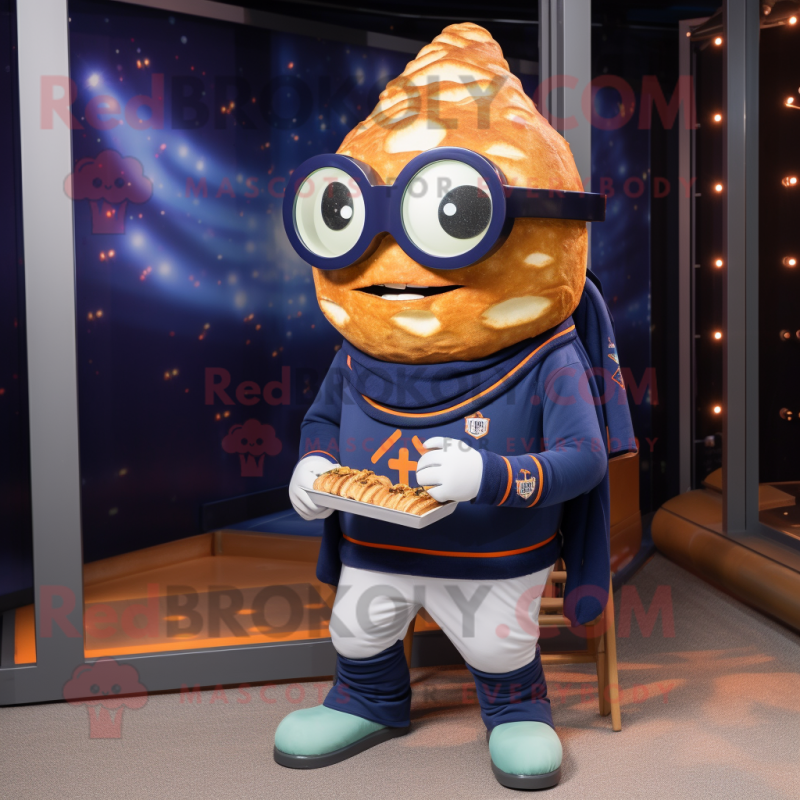 Navy Croissant mascot costume character dressed with a Sweater and Eyeglasses