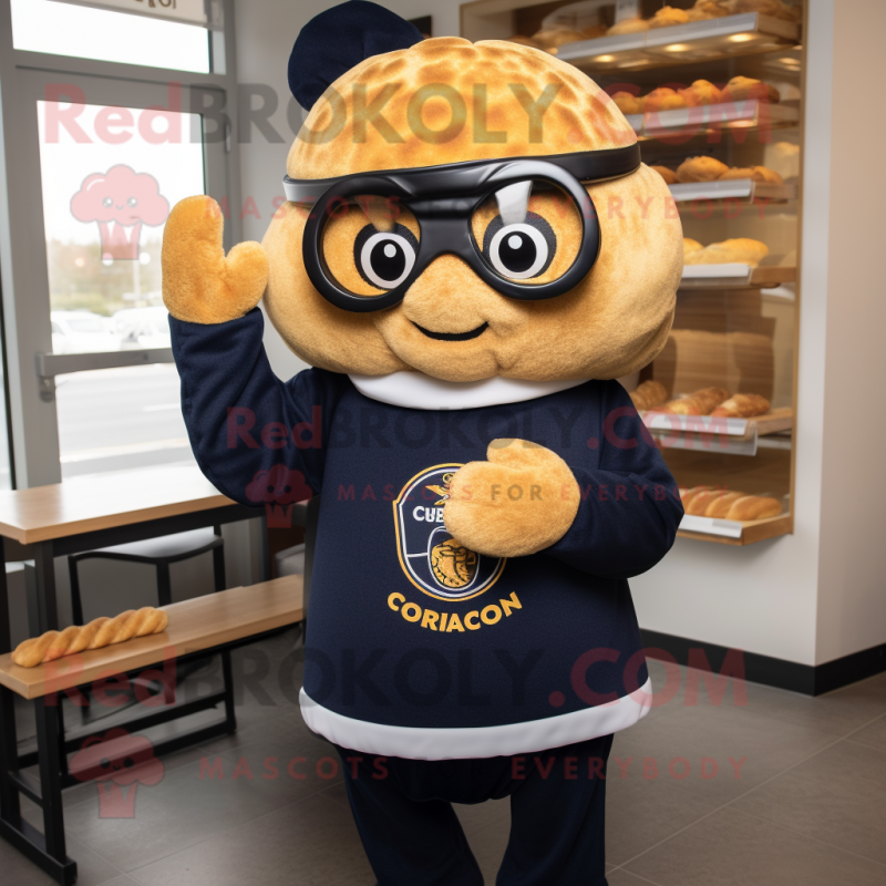 Navy Croissant mascot costume character dressed with a Sweater and Eyeglasses