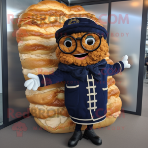 Navy Croissant mascot costume character dressed with a Sweater and Eyeglasses