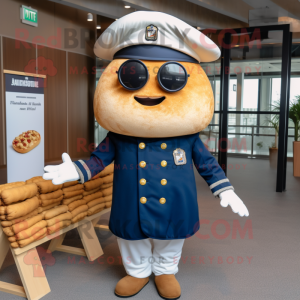 Navy Croissant mascot costume character dressed with a Sweater and Eyeglasses