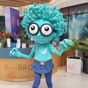 Turquoise Medusa mascot costume character dressed with a Poplin Shirt and Sunglasses