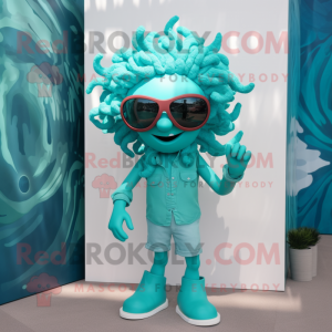 Turquoise Medusa mascot costume character dressed with a Poplin Shirt and Sunglasses