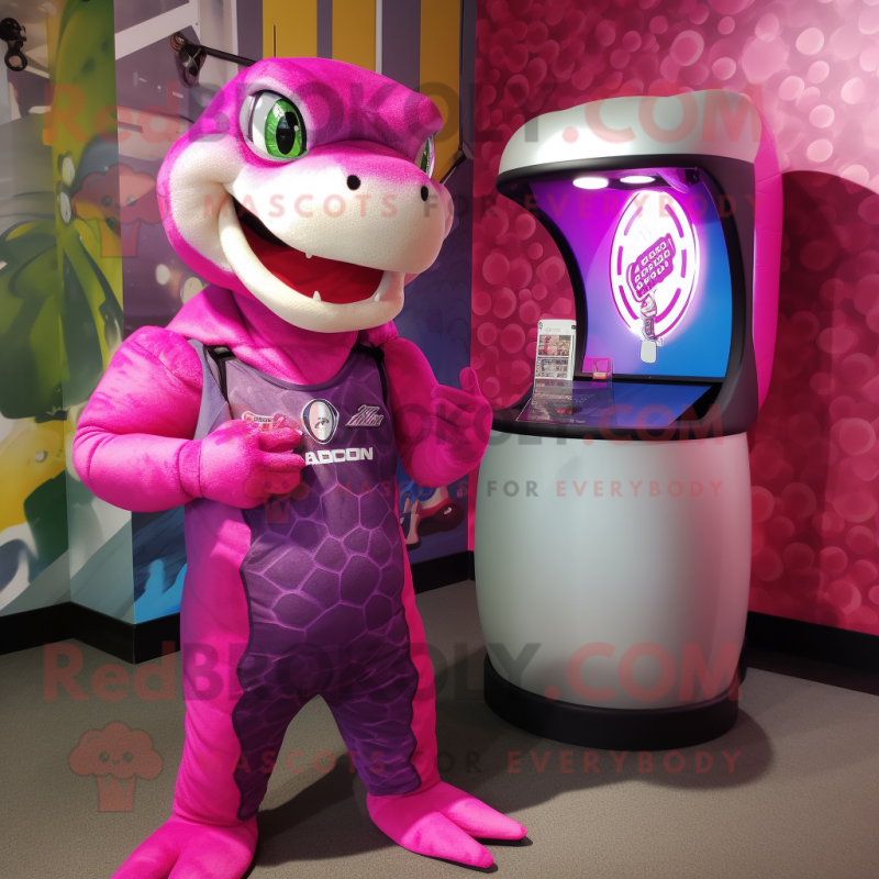 Magenta Python mascot costume character dressed with a Tank Top and Keychains Magenta Python mascot costume character dressed with a Tank Top and Keychains