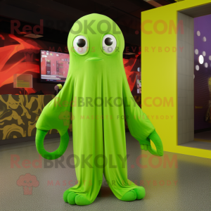 Lime Green Squid mascot costume character dressed with a Jumpsuit and Wraps