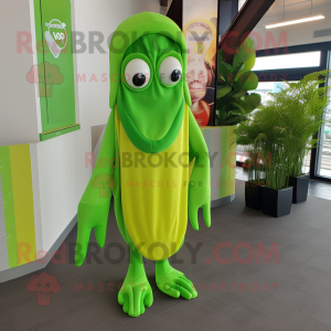 Lime Green Squid mascot costume character dressed with a Jumpsuit and Wraps