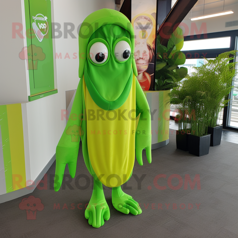 Personaje de disfraz de mascota de calamar verde lima vestido con