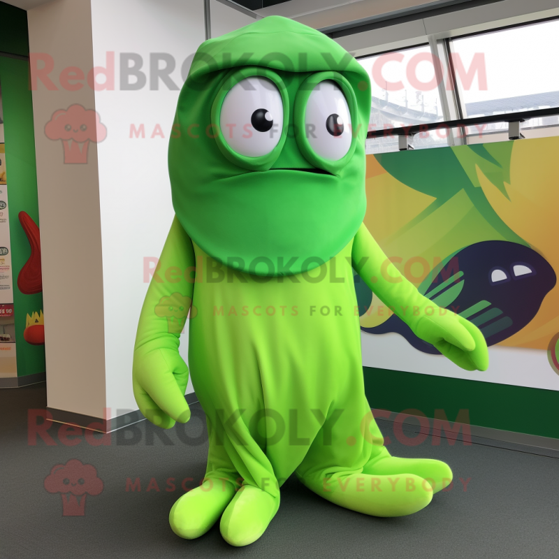 Personaje de disfraz de mascota de calamar verde lima vestido con