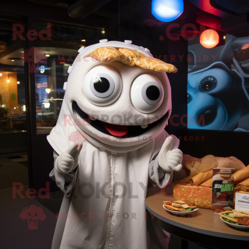 White Pulled Pork Sandwich mascot costume character dressed with a Hoodie and Rings White Pulled Pork Sandwich mascot costume character dressed with a Hoodie and Rings