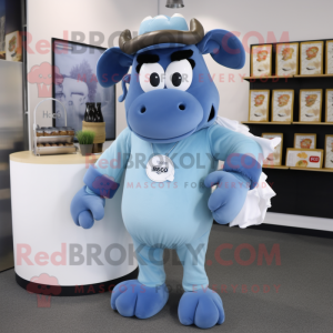 Blue Beef Stroganoff mascot costume character dressed with a T-Shirt and Clutch bags