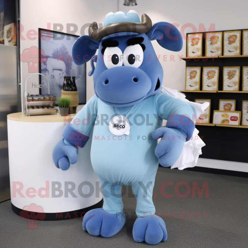 Blue Beef Stroganoff mascot costume character dressed with a T-Shirt and Clutch bags Blue Beef Stroganoff mascot costume character dressed with a T-Shirt and Clutch bags