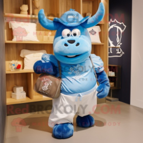 Blue Beef Stroganoff mascot costume character dressed with a T-Shirt and Clutch bags