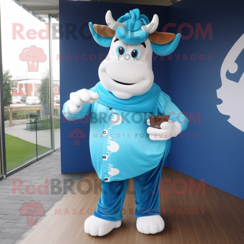 Blue Beef Stroganoff mascot costume character dressed with a T-Shirt and Clutch bags Blue Beef Stroganoff mascot costume character dressed with a T-Shirt and Clutch bags
