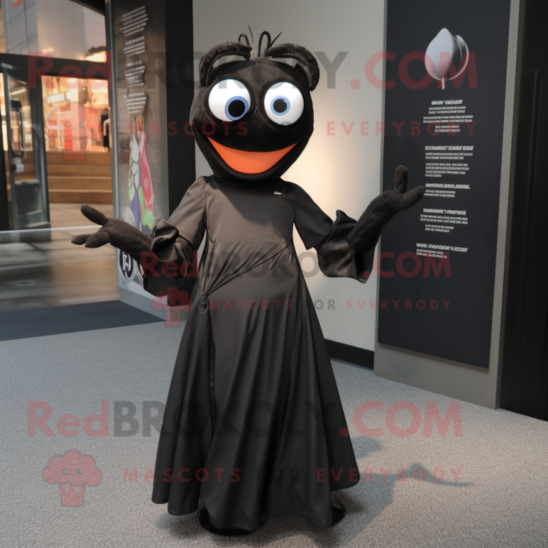 Black Aglet mascot costume character dressed with a Wrap Dress and Earrings Black Aglet mascot costume character dressed with a Wrap Dress and Earrings