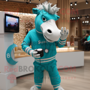 Turquoise Quagga mascot costume character dressed with a Sweater and Smartwatches