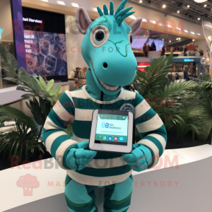 Turquoise Quagga mascot costume character dressed with a Sweater and Smartwatches