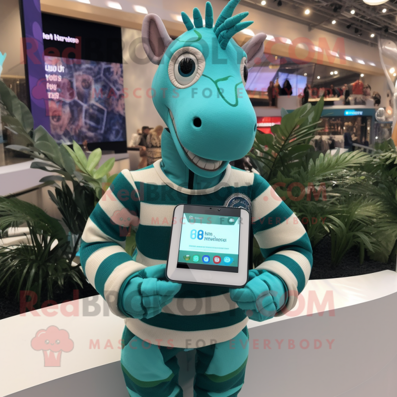 Turquoise Quagga mascot costume character dressed with a Sweater and Smartwatches Turquoise Quagga mascot costume character dressed with a Sweater and Smartwatches