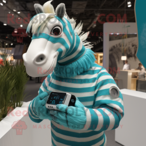 Turquoise Quagga mascot costume character dressed with a Sweater and Smartwatches