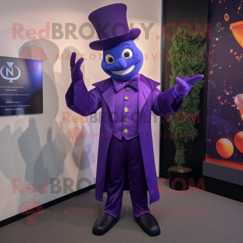 Purple Magician mascot costume character dressed with a Suit and Lapel pins Purple Magician mascot costume character dressed with a Suit and Lapel pins