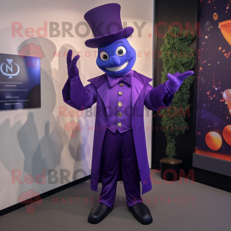 Purple Magician mascot costume character dressed with a Suit and Lapel pins