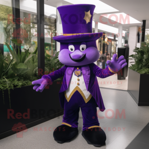 Purple Magician mascot costume character dressed with a Suit and Lapel pins
