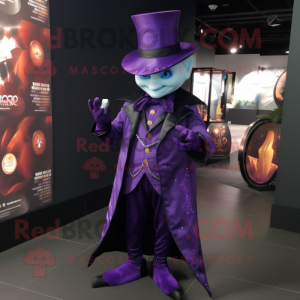 Purple Magician mascot costume character dressed with a Suit and Lapel pins