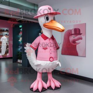 Pink Swan mascot costume character dressed with a Rash Guard and Hat pins