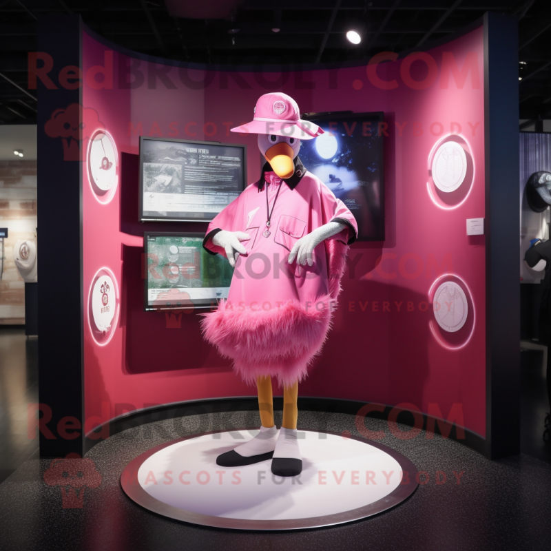 Pink Swan mascot costume character dressed with a Rash Guard and Hat pins