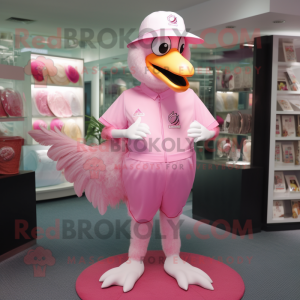 Pink Swan mascot costume character dressed with a Rash Guard and Hat pins