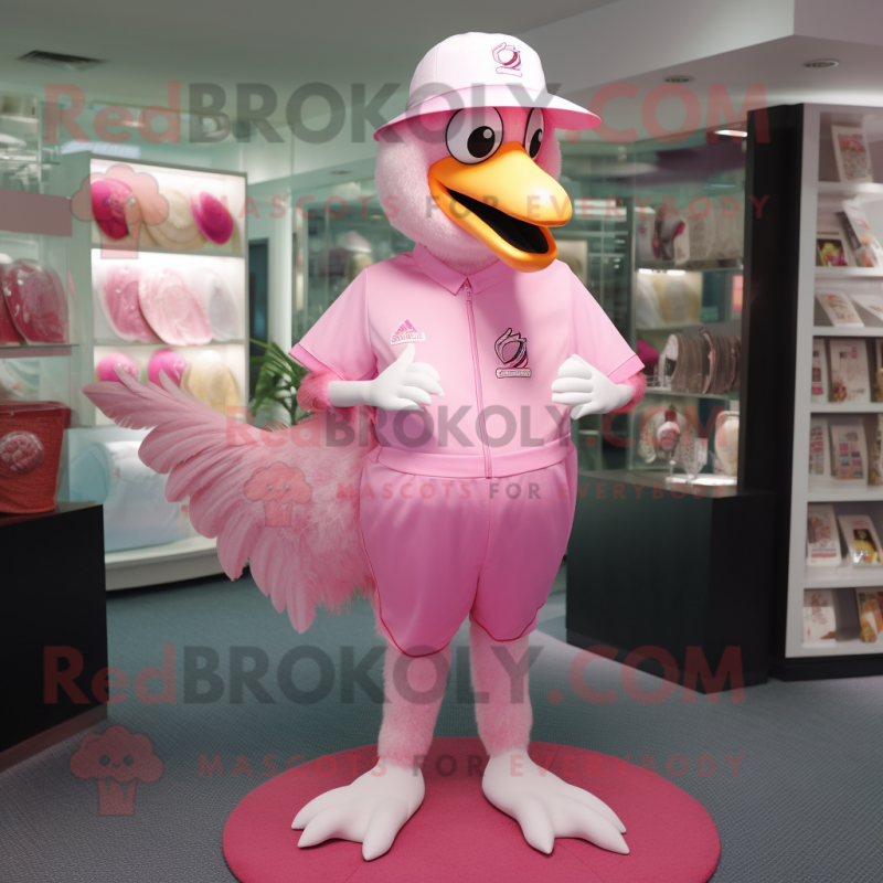 Pink Swan mascot costume character dressed with a Rash Guard and Hat pins