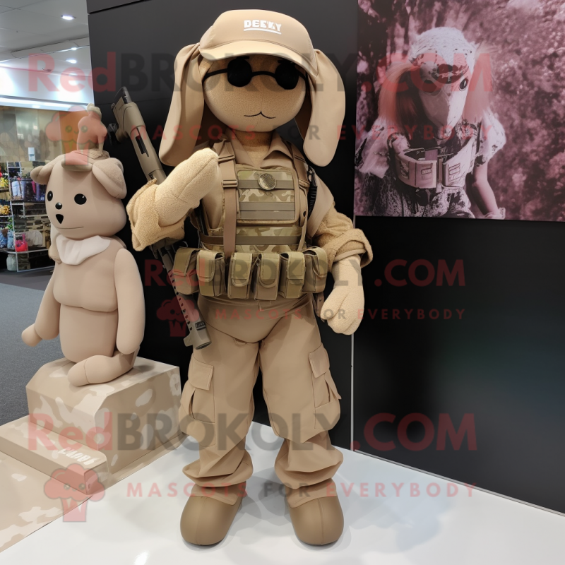 Beige Marine Recon mascot costume character dressed with a Mini Skirt and Clutch bags