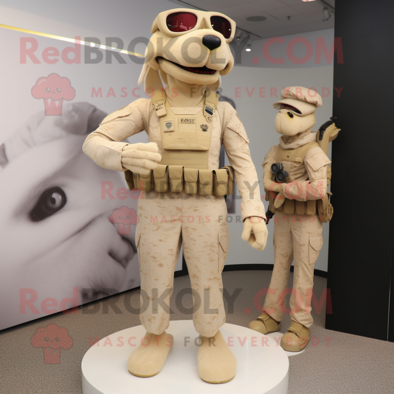 Beige Marine Recon mascot costume character dressed with a Mini Skirt and Clutch bags