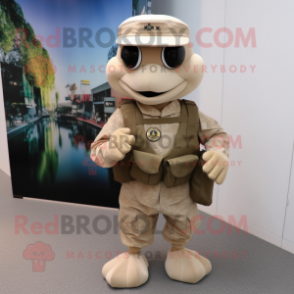 Beige Marine Recon mascot costume character dressed with a Mini Skirt and Clutch bags