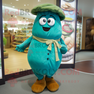 Teal Potato mascot costume character dressed with a Culottes and Berets