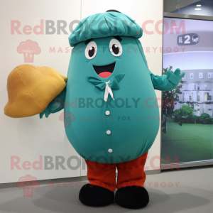 Teal Potato mascot costume character dressed with a Culottes and Berets