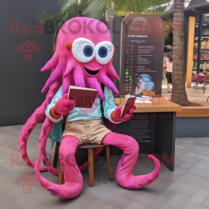 Magenta Kraken mascot costume character dressed with a Chambray Shirt and Reading glasses