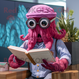 Magenta Kraken mascot costume character dressed with a Chambray Shirt and Reading glasses