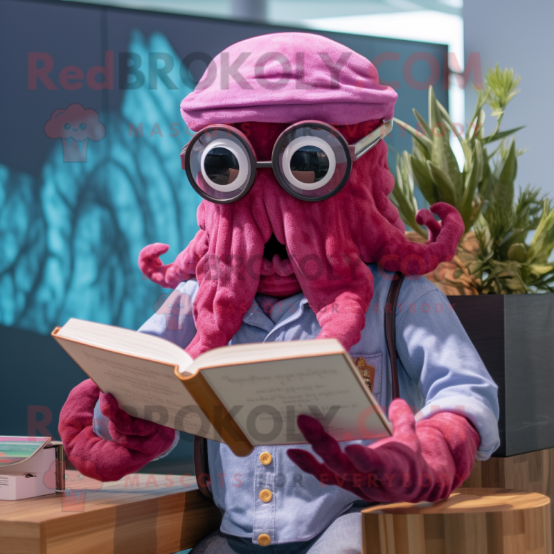 Magenta Kraken mascot costume character dressed with a Chambray Shirt and Reading glasses