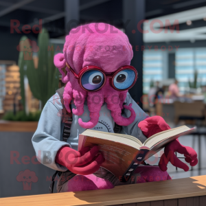 Magenta Kraken mascot costume character dressed with a Chambray Shirt and Reading glasses