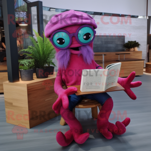 Magenta Kraken mascot costume character dressed with a Chambray Shirt and Reading glasses