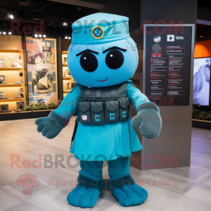 Cyan Army Soldier mascot costume character dressed with a Skirt and Scarf clips
