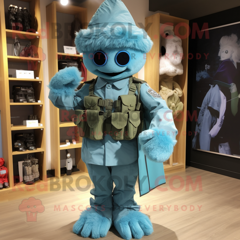 Cyan Army Soldier mascot costume character dressed with a Skirt and Scarf clips