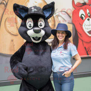 Black Dingo mascot costume character dressed with a Mom Jeans and Hats